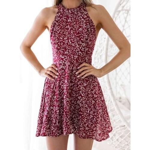 Womens Boho Beach Summer Holiday Tumblr Sundress Halter Floral Mini Dress Ladies Slim Sleeveless Vestido Playa Printed Dress