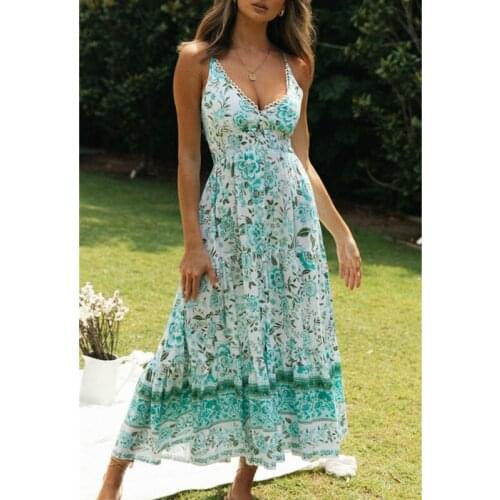 Women Boho Beach Dress Floral Printing Sling Straps Backless Party Holiday Long Sundress Female High Waist Backless Vestidos