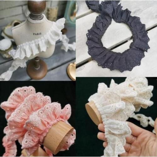 1 Meter/lot Beautiful Pink Beige Ivory Ruffle Flower Cotton Lace Trim Embroidered Pleated Lace Mesh Fabric Patchwork Hot Sale