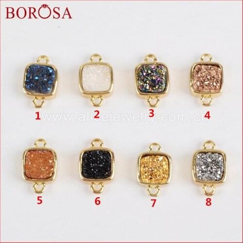 BOROSA Druzy Stone Connectors Square Gold Color Bezel Natural Stone Titanium Rainbow Druzy Charms Double Bails Connector ZG0140