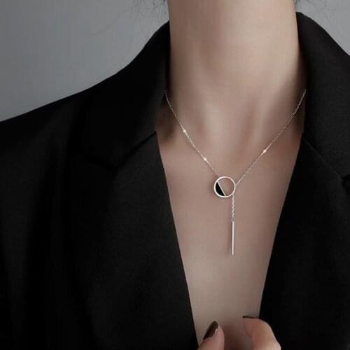 Geometric Black Circle Tassel Clavicle Chain 925 Sterling Silver Pendant Necklace For Women Simple Cool Jewelry Girlfriend