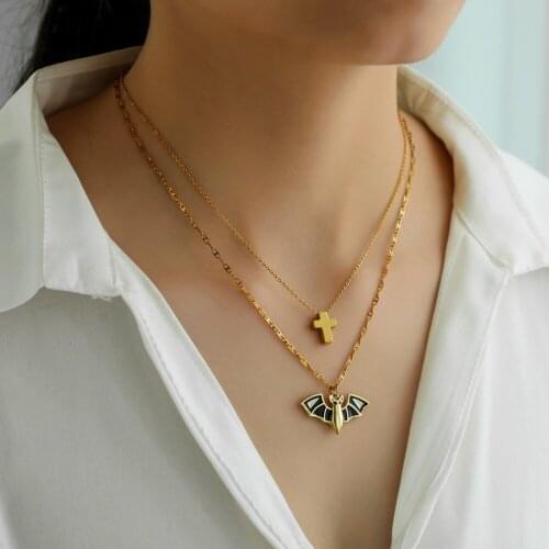 Cross Bat Pendant Clavicle Chain Fashion Titanium Steel Double Layer Halloween Party Necklace Street Travel Statement Jewelry Gi