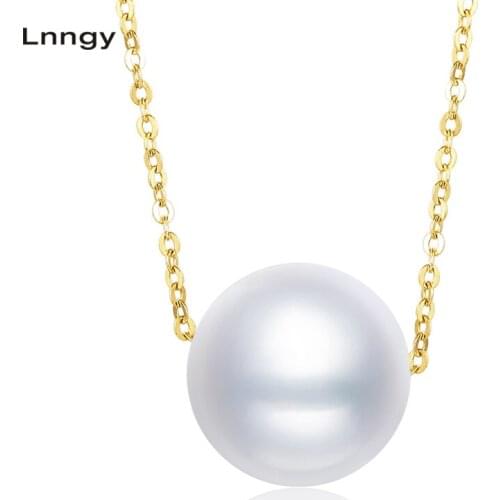 Lnngy 18K Yellow Gold Natural Cultured Freshwater Pearl Link Chain Wedding Jewelry Big 1PC Round White Pearl Pendant Necklace