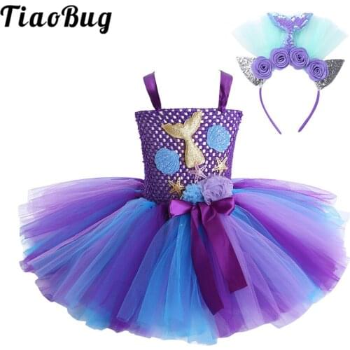 TiaoBug Kids Sleeveless 3D Flower Mesh Tutu Dress with Hair Hoop Outfit Girls Halloween Cosplay Carnival Party Mermaid Costume