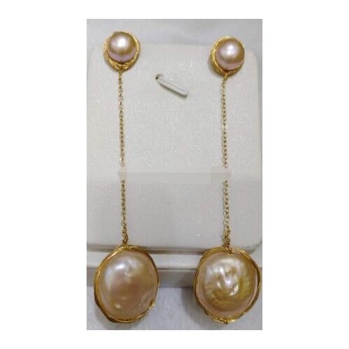 Hot sale Free Shipping>>>>Hand made13-14 mm pink baroque South Sea Pearl long earrings 14 gold