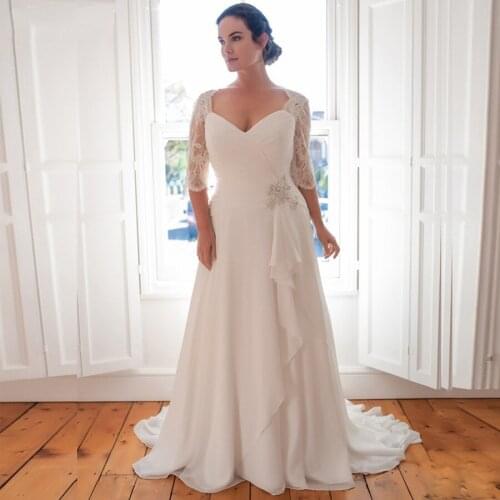 Elegant 2020 Plus Size Wedding Dresses With Sleeves for Women Sweetheart Neckline A Line Chiffon Bridal Gown Crystal Beaded