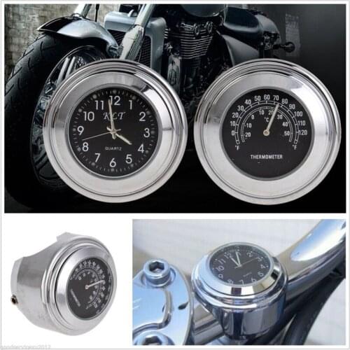 2in1 7/8" Motorcycles Handbar Chrome Black Dial Clock & Thermometer Temp Gauge
