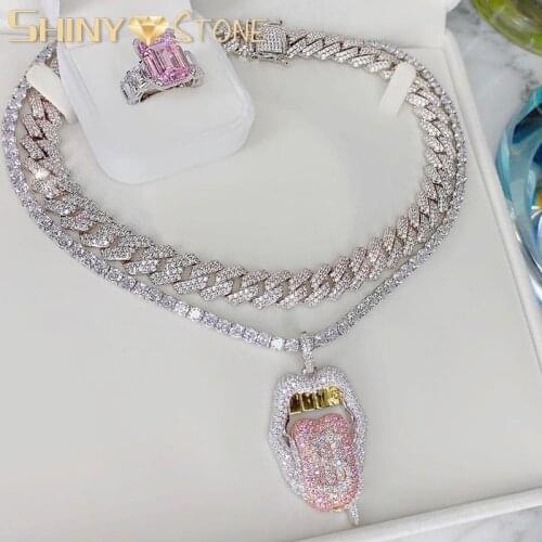 Iced Out Silver Color Sexy Mouth Symbol CZ Dripping Pendant Necklace Hip Hop 5mm Cz Tennis Chain Tongue Choker Women Jewelry