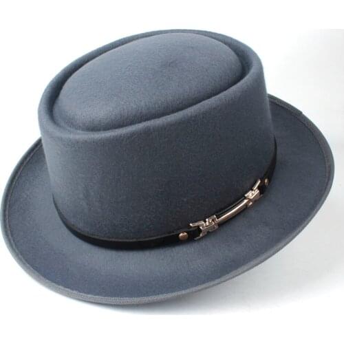 Men Women Wool Pork Pie Hat With Leather Belt Outdoor Casual Hat Panama Church Hat Flat Fedora Jazz Hat Size 58CM