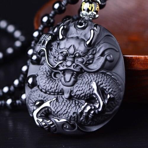 Natural Obsidian Dragon Pendant Pixiu Necklace Charm Jewellery Fashion Hand-Carved Amulet Man Luck Gifts Sweater Chain