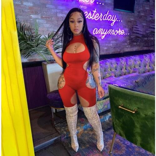 Sexy Solid Cut Out Playsuit Women Casual Fitness Sportswear Stand Neck Sleeveless Biker Shorts Slim Jumpsuit One Piece Overalls