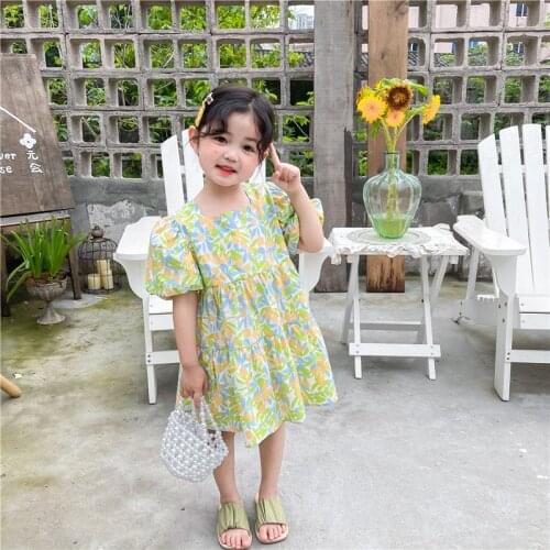 2-7 Y Baby Girls Floral Dresses 2021 Summer New Puff Sleeve Cute Dress for Girl Kids Korean Backless Princess Dress Baby Clothes