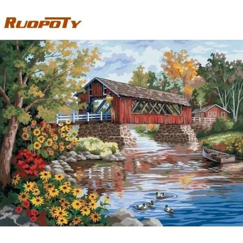 RUOPOTY Frame Paint By Numbers Kits For Kids Mountain River House Scenery Oil Painting By Number Modern Home Decoration Photo
