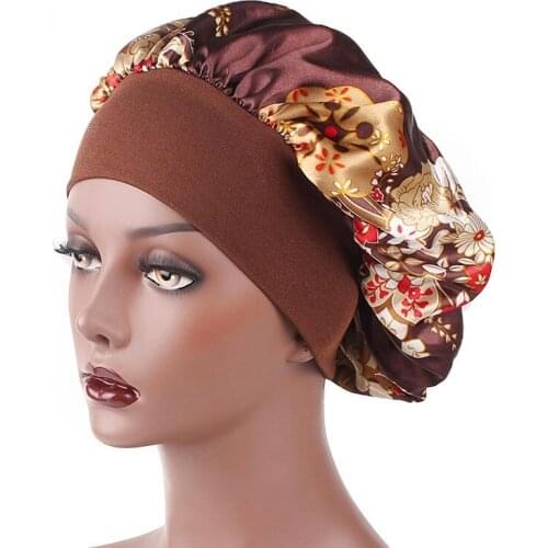 Printing Satin Bonnet For Women Elastic Wide Band Night Sleep Satin Hat Chemo Caps Hair Loss Cover Fashion Head Wrap Hair Care