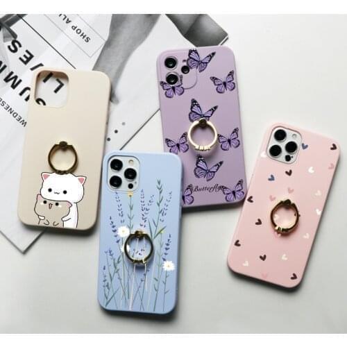 Silicone Phone Case Coque For iPhone 11 12 Pro Max 12 Mini XS Max XR X 8 7 6 6s Plus SE 2020 Flower Finger Ring Holder TPU Funda