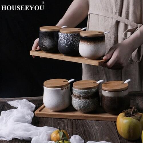 Nordic Ceramic Spices Herb Salt Sugar Cans Seasoning Jar Jug Household Kitchen Utensils Container with Wood Tray Kitchen Tools