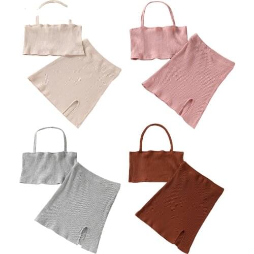2Pcs Kids Summer Outfit Solid Color Ribbed Halter Neck Sleeveless Crop Tops + Short Slit Skirt for Girls 2-7 Years