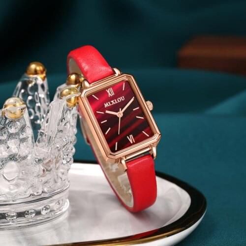 Leather Band Women Rectangle Dial Wrist Watches Glass Mirror Design Fashion Ladies Analog Quartz Wristwatches Alloy Case