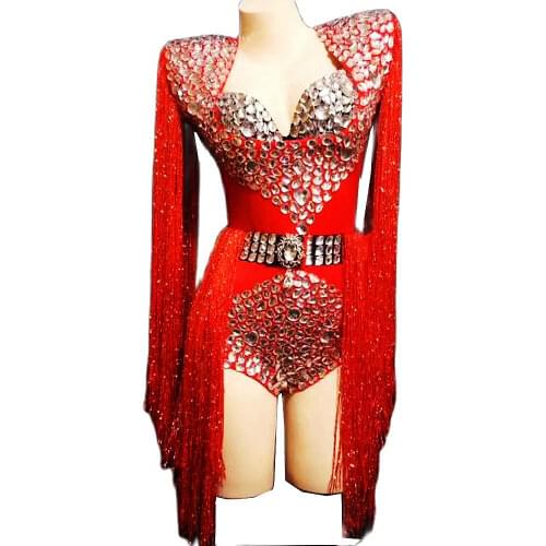 Sparkly Tassel Women Shining Rhinestones Bodysuit Nightclub Singer Dancer Costume Evening Prom Skinny Jumpsuit Ladies Stage Wear