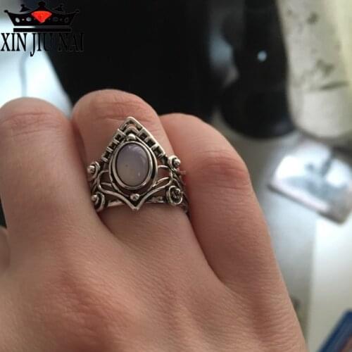 Thai Silver Retro Gothic Moonstone Women Rings European Fashion Punk Style Wedding Engagement Rings Jewelry Anillos
