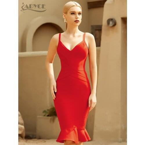 Adyce New Summer Red Spaghetti Strap Trumpet Bandage Dress 2021 Sexy V Neck Midi Club Celebrity Evening Party Dresses For Women