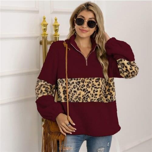 Winter Warm Plush Leopard Patchwork Sweatshirts Women Zipper Coat Tops Clothes Fashion Femme Jacket Outerwear Hipster Streetwear