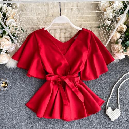 2021 Summer Womens Blouse Retro French Solid Color V-neck Flared Sleeve Ruffled Shirt New Slim Casual Female Tops