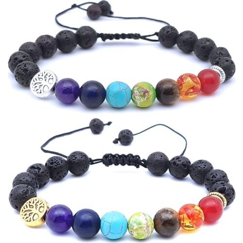 Briaded 8mm Seven Chakra Stone Bracelet Tree of Life Black Lava Stone Beads Women Men Buddha Yoga Strand Bracelets Jewelry