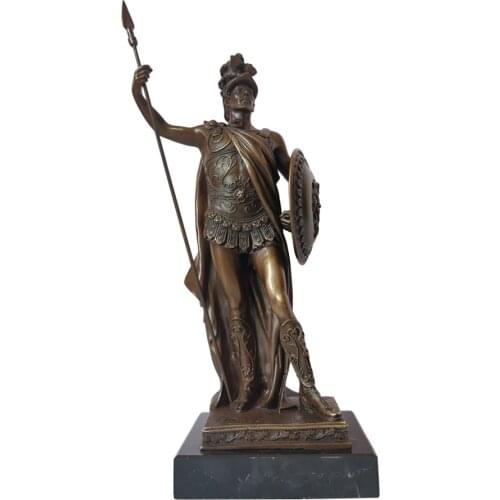Bronze Medieval Roman Warrior with Spear and Shield Statue Sculpture Antique Soldier Figurine Statuette for Home Decor