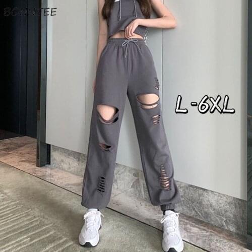 Casual Pants Women Oversized Sexy Hole Loose BF Summer L-6XL Wide Leg Drawstring All-match Breathable Pantalones Joggers Fashion