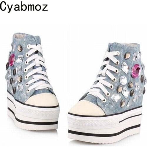 Cyabmoz Fashion Women Shoes Platform High Heels Wedge Woman Denim Rhinestone Casual Shoes Zapatillas Deportivas Zapatos Mujer