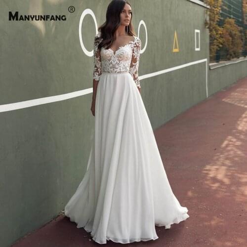 Elegant V-Neck Three Quarter Sleeve Embroidery Appliques Tulle A-Line Wedding Dress Custom Made Backless Court Train Bridal Gown