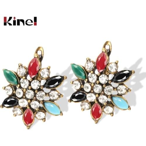 Kinel Boho Big Crystal Flower Earrings For Women Antique Gold Color Ethnic Bride Wedding Jewelry