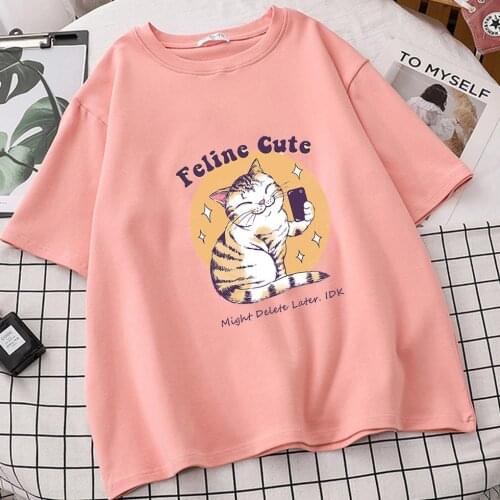 Feline Cute Cat Women Vintage Tumblr Ulzzang T Shirts Camisetas De Mujer Anime Tops Tee TShirts Femme Roupas Femininas Vetement
