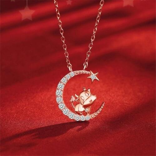 YIZIZAI Cute Cubic Moon Star Cattle Pendant Necklace Silver Color Clavicle Chain Jewelry For Women Gift 2021