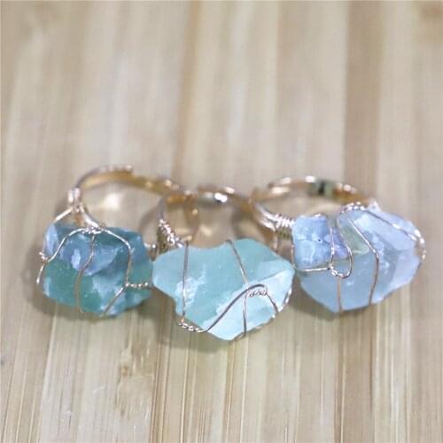 Fashion Wire Wrap Natural Rock Mineral Quartz Stone Women Rings Resizable Healing Amethysts Fluorite Purple Crystal Finger Ring