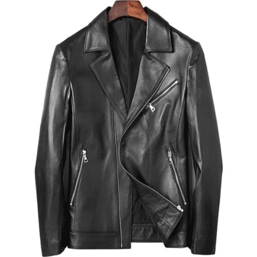 DK Suit Collar Businessmen Formal Leather Coat Top Quality Genuine Leather Jackets Black Sheeskin Leather Coats