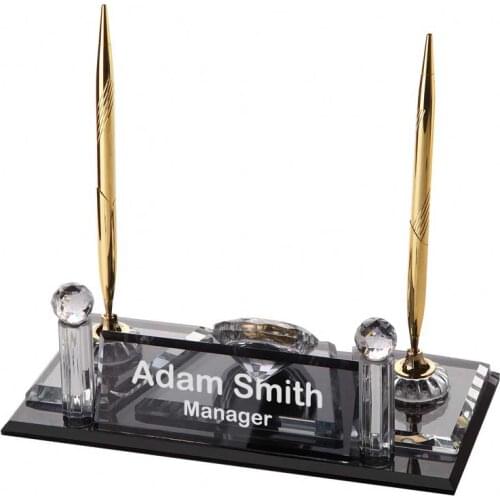 Crystal Glass Desk Name Plate and Pen Desk Stand Set - Personalized Name Plate, Crystal Clock, Custom Engraved Awards, Teachers