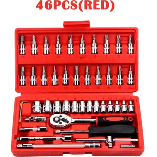 46PCS Hand Tool Set General Household Repair Hand Tool Kit with Plastic Toolbox Storage Case Socket Wrench for Car Repair Tools