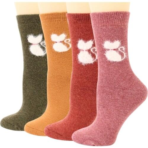 Women Super Thick Wool Socks Soft Warm Comfortable Vintage Animal Cat Pattern Knit Thermal Crew Winter Socks 4 Pairs