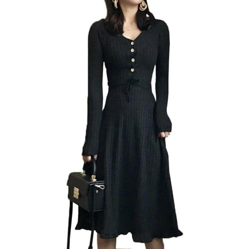 New Autumn Vintage Fashion Long Sleeve Sexy Club Women Drawstring Dress Slim Bodycon Lady V-Neck Knitted Dresses Sweaters WZ084