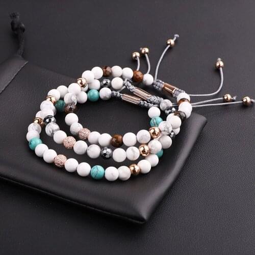 JARAVVI New Cute Design Natural Stone Howlite Beaded CZ Pave Ball Custom Friendship Macrame Bracelet Women