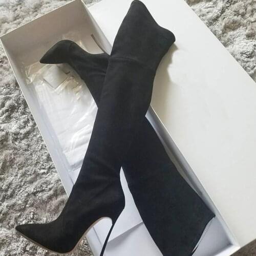 Over The Knee Suede Slim Boots Stretch Fabric Metal Thin High Heel Sexy Pointed Slip On Winter Women Shoes Solid Sexy Boots