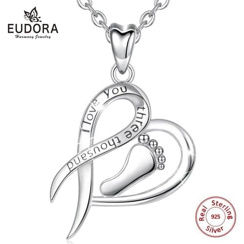 Eudora New 925 Sterling Silver Cute Feet Pendants Polishing silver elegant Heart Necklaces for Mom Baby love gift Jewelry CYD476