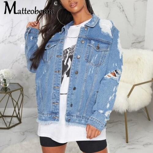Sexy Hole Denim Jackets Women Boyfriend Style Long Sleeve Vintage Jean Jacket Denim Loose Casual Autumn Denim Coat Bomber Jacket