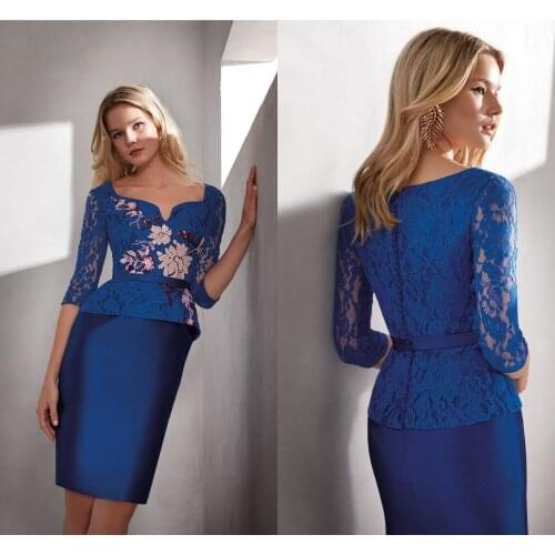 2020 Royal Blue Mother Of The Bride Dresses Knee Length 3/4 Long Sleeve Wedding Guest Dress Lace Chic Mothers Formal Gowns