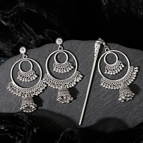 Earrings&Hairpins Set Gypsy Earring Bells Indian Jewelry Silver Color Hair Stick For Hair Accessories Women Girl Gift Hair Tiara