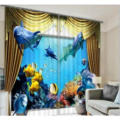 Blue Dolphin 3D Window Curtain Luxury Blackout living room kids Bedroom 3D Digital Cortina Drapes Rideaux Custom size pillowcase