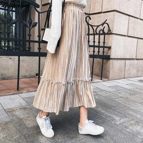 Women Skirts Velvet Pleated Solid Simple Ruffles High Elastic Waist A-line Mid-calf Elegant Party Date Office Lady All-match New
