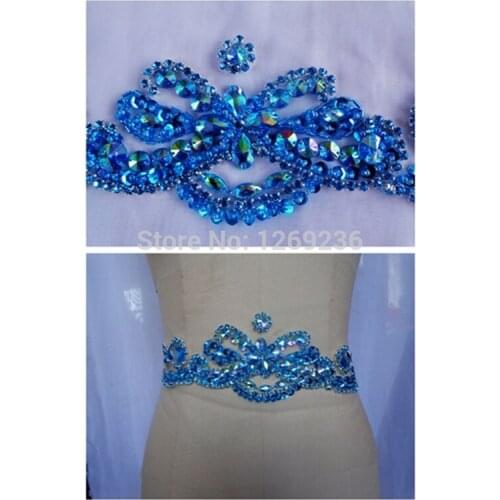 ZBROH Free shipping hand made Light Blue crystal& Sequins Rhinestones sew on applique 30*9cm for top dress belt